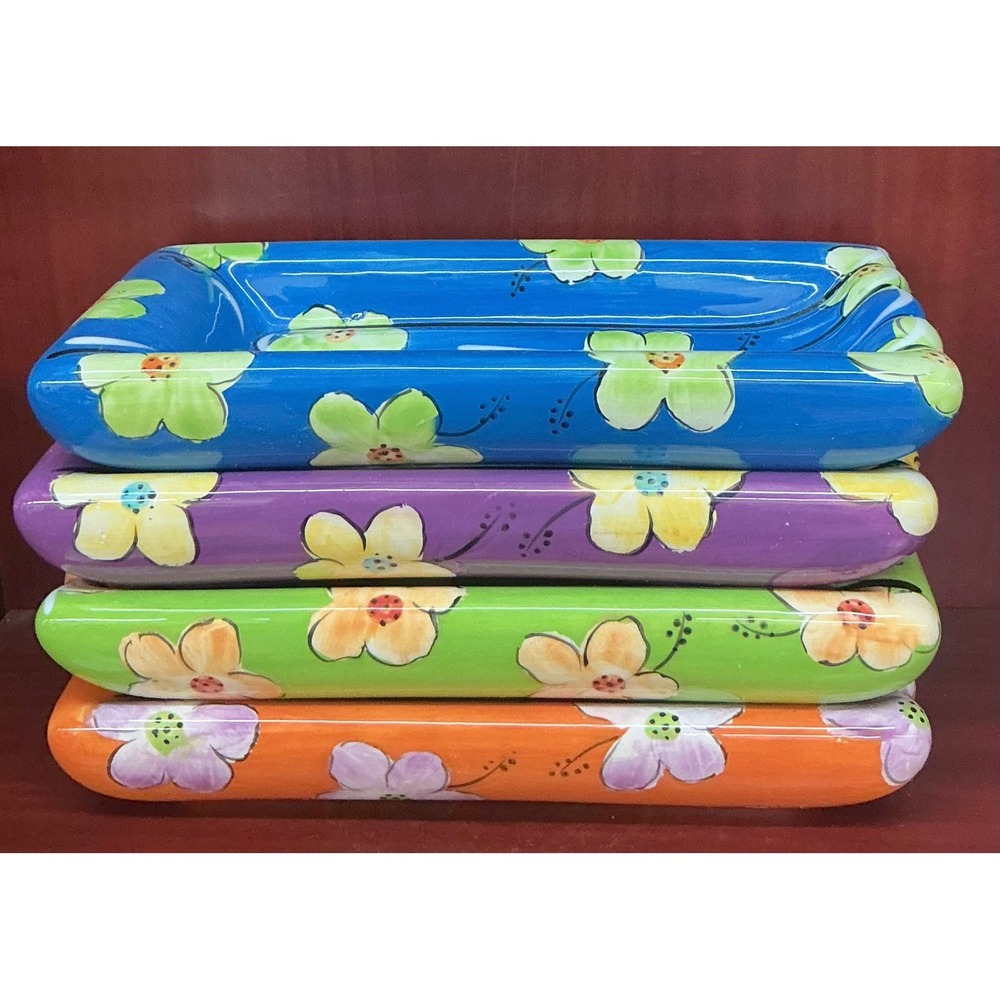 C.A. Hand Painted Ceramic Dish Set of 4 Floral Raised Ridge Trays Multi Color
